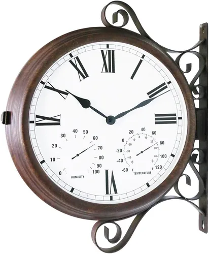 BESTIME MT-32 Reloj de pared de metal de doble cara tres en uno. Silencioso, fácil de leer, relojes colgantes antiguos, jardín, interior, exterior,