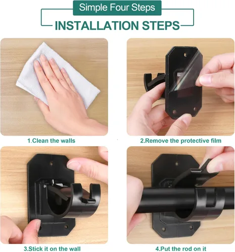 Vista 6 de Codoule 2 piezas de soportes de barra de cortina sin taladro en negro, soportes para tratamiento de ventanas, plástico y acero inoxidable, montaje