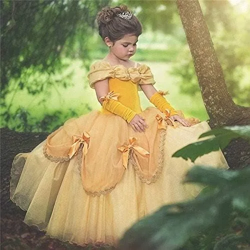 Vista 6 de FMYFWY Disfraz de princesa de Bella para niñas, disfraz de belleza y bestia, Halloween, Navidad, boda, cumpleaños (accesorios)