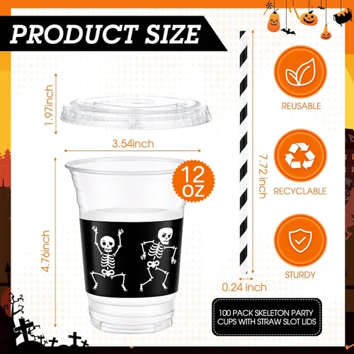 Vista 2 de Juego de 100 vasos de plástico de esqueleto para Halloween con tapas y pajitas, vasos reutilizables para fiesta de Halloween, 12 onzas, desechables