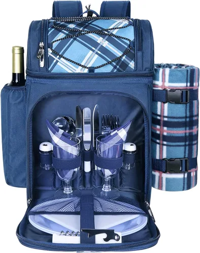 Hap Tim Mochila de pícnic para 2 personas con compartimento aislado a prueba de fugas, soporte para vino, manta de forro de vellón y juego de Azul