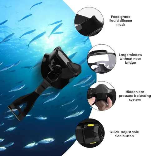 Vista 3 de Máscara de buceo con válvula de drenaje de visión amplia, adecuada para adultos, buceo antivaho, botón lateral ajustable rápido, buceo libre