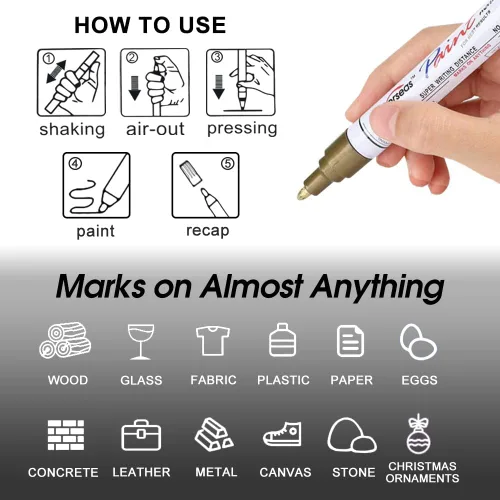 Vista 6 de Rotuladores de pintura permanentes plateados, paquete de 2 marcadores metálicos a base de aceite, punta media, secado rápido e impermeable