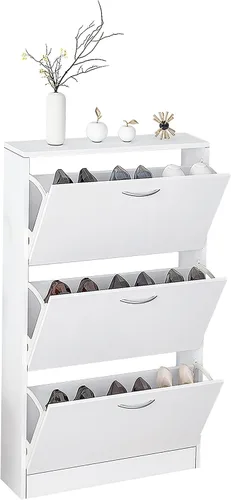 Zapatero con 3 cajones abatibles para entrada, armario de almacenamiento de zapatos estrecho blanco, zapatero abatible de madera, organizador de