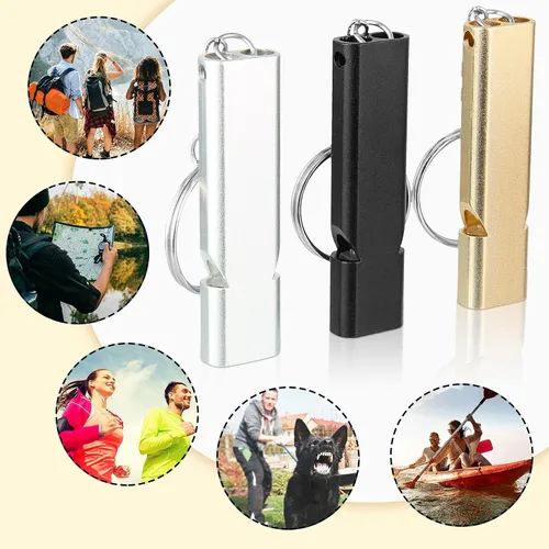 Vista 6 de Silbato de seguridad con cordón, llavero de aluminio, silbato de seguridad para senderismo, silbato de supervivencia de doble tubo, silbato