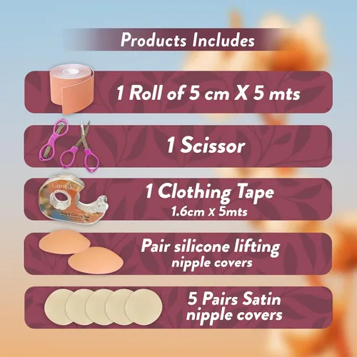 Vista 2 de CAMALE kit, cinta de pecho para levantamiento de senos 1 cinta, 10 pétalos de pecho de satén, 2 pegatinas de pezón de silicona, cinta de ropa