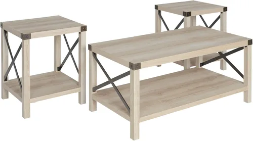 Vista 4 de Walker Edison Sedalia - Moderno juego de mesa auxiliar y mesa lateral de 3 piezas de estilo casa de campo con laterales en X de metal, paquete