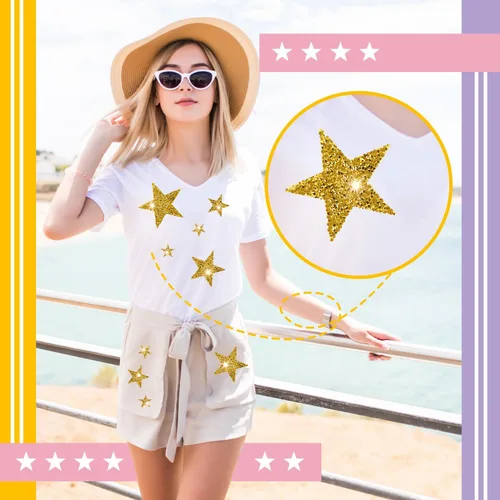 Vista 5 de 24 parches de estrellas doradas, parches para planchar con estrella con purpurina, apliques adhesivos, estrellas de diamantes de imitación