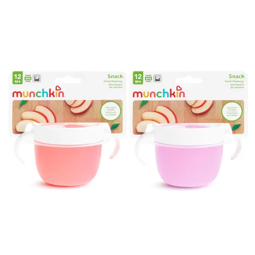 Vista 5 de Munchkin Snack Catcher - Vasos para aperitivos para niños pequeños, sin derrames, paquete de 2 recipientes, rosa/morado