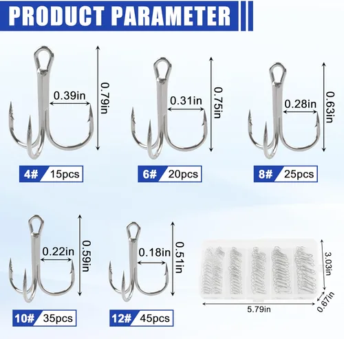 Vista 3 de Fishing Treble Hooks Assortment, Sharp Brabed Triple Fishing Hooks Set High Carbon Steel Round Bend for Trout Catfish Lures Freshwater Saltwater