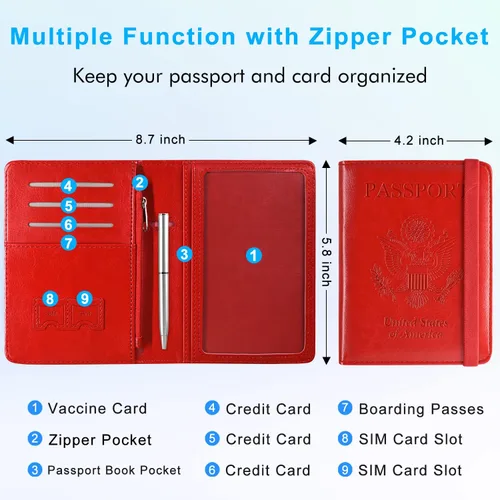 Vista 4 de ACdream Combo de portatarjetas de pasaporte y vacunación con bolsillo con cremallera, funda con ranura para tarjeta de vacunación CDC, protector