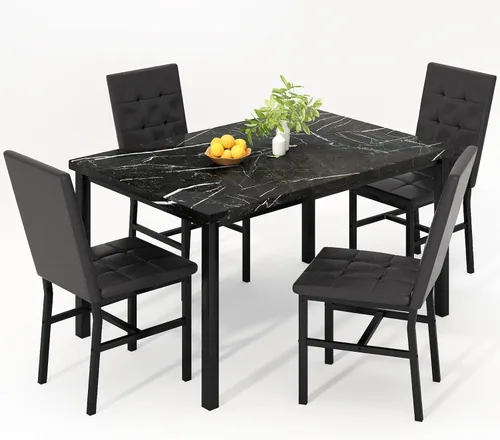 Vista 10 de Hooseng Juego de mesa de comedor de 5 piezas, juego de mesa de comedor de mármol, 4 sillas, juego de mesa de comedor para cocina, sala de estar