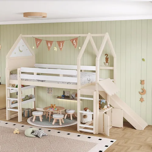 Vista 84 de Cama de casa de tamaño individual con elegantes ventanas y estantería, litera con diseño de castillo de madera con barandillas de seguridad
