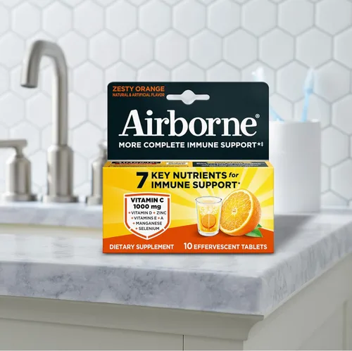 Vista 8 de Airborne Comprimidos efervescentes de apoyo inmunológico, sabor a naranja picante, 10 unidades con 1000 mg de vitamina C + vitaminas A, D, E, zinc