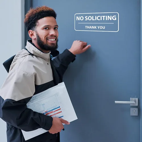 Vista 2 de Letrero de No Soliciting de 3 x 7 pulgadas, adhesivo para ventana de puerta, interior y exterior, impermeable, a prueba de rayos UV, para el hogar