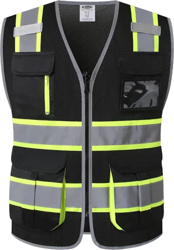 JKSafety Chaleco reflectante de seguridad con 9 bolsillos de alta visibilidad con malla para hombres y mujeres | Cremallera al frente | Múltiples