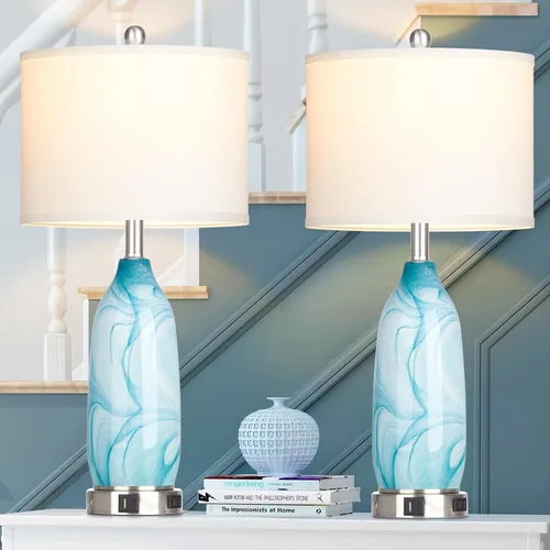 Vista 7 de 26" Coastal Table Lamps Set of 2, Modern Table Lamps with USB A+C Ports & AC Outlet, Touch Control Glass Bedside Nightstand Lamp with Night Light