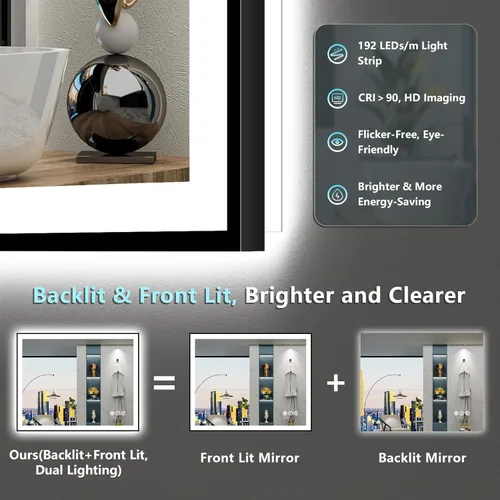 Vista 36 de Espejo de baño LED de 20 x 28 pulgadas con luces, retroiluminado y frontal iluminado antivaho para pared de baño, regulable, luz de 3