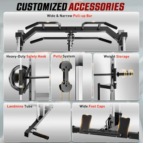 Vista 4 de OPPSDECOR All-in-One Adjustable Smith Machine with LAT-Pull Down System Multi-Function Power Cage for Home Gym Cable Crossover Squat Rack of Workout