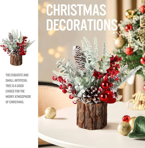 Vista 2 de Hatisan Árbol de Navidad pequeño con adornos de Navidad, piña baya, árbol de Navidad artificial de mesa para decoración de Navidad, hogar