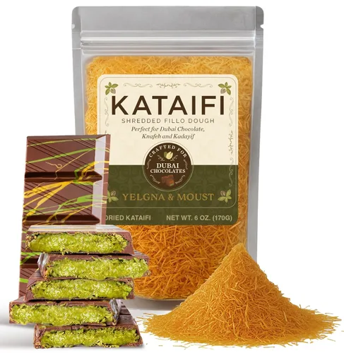 Yelgna & Moust Kataifi Masa de fillo rallada, ideal para chocolate Dubai, Knafeh y Kadayif 6 onzas (suficiente para 2 barras de chocolate Dubai)
