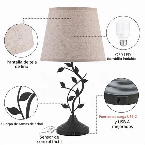 Vista 6 de Kakanuo Lámpara de mesa para mesita de noche, lámpara para sala de estar con puertos de carga USB-A y USB-C, lámpara de dormitorio alta tradicional