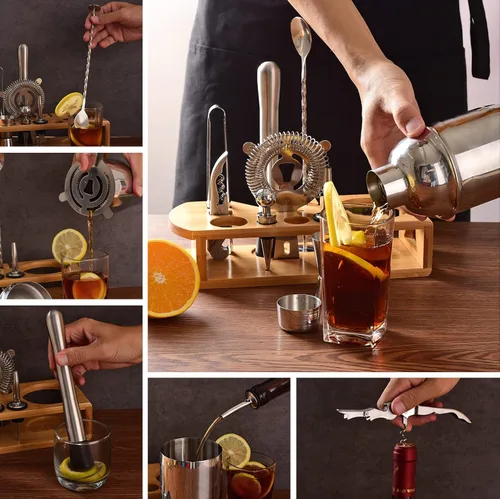 Vista 4 de Juego de coctelera de camarero: juego de herramientas de barra de 12 piezas con soporte de bambú Juego de bar con todos los accesorios prácticos