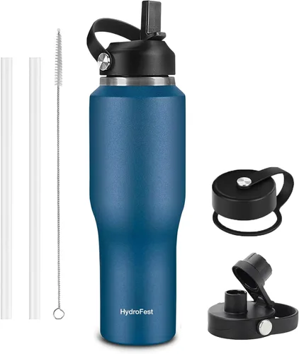 Vista 13 de Botella de agua de 32 onzas aislada con popote, botellas de agua a prueba de fugas, botella de agua para hombre, acero inoxidable para gimnasio