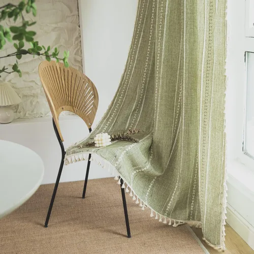 Vista 16 de Sutuo Home Cortinas de puerta francesa para puerta de patio, cortinas de lino semiopacas bohemias con borlas, tiras de granja a cuadros, decoración