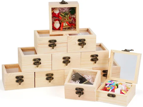 Thyle 12 cajas de madera sin terminar con tapa con bisagras para manualidades, caja pequeña de madera en blanco, cajas de regalo de madera natural