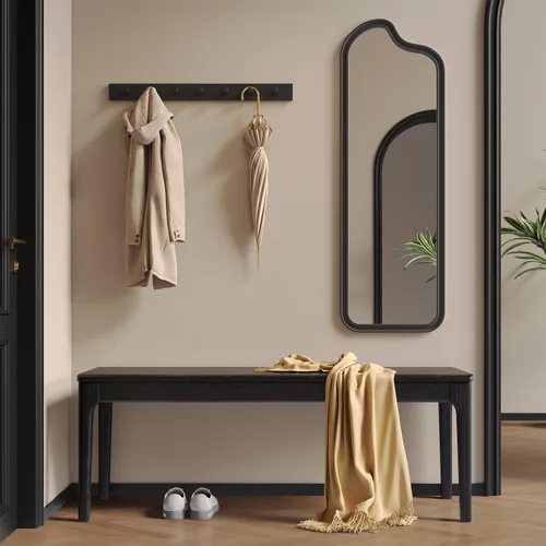 Vista 6 de Banco de comedor, banco de madera de roble macizo, mesa de comedor para interiores, hogar, dormitorio, extremo de cama, restaurante, muebles Negro