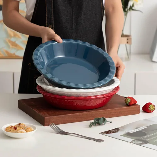 Vista 7 de Fun Elements - Molde para tartas de cerámica de 9 pulgadas, sartén profunda con relieve de encaje, plato con volantes para hornear, juego de 2, azul