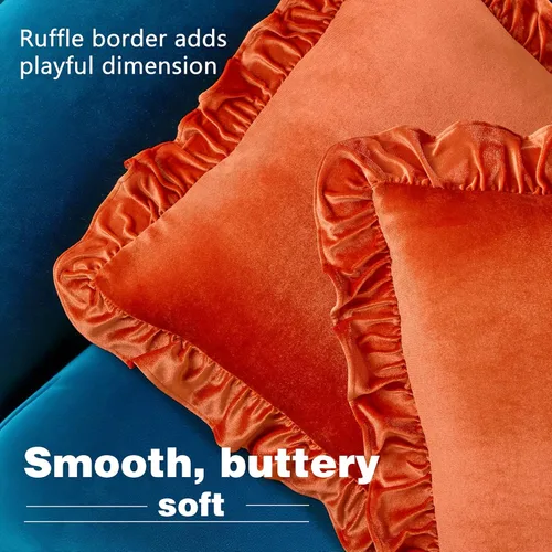 Vista 5 de Juego de 2 fundas de almohada de terciopelo, suaves fundas decorativas con volantes para sofá, sofá cama y dormitorio, 18 x 18 pulgadas, naranja