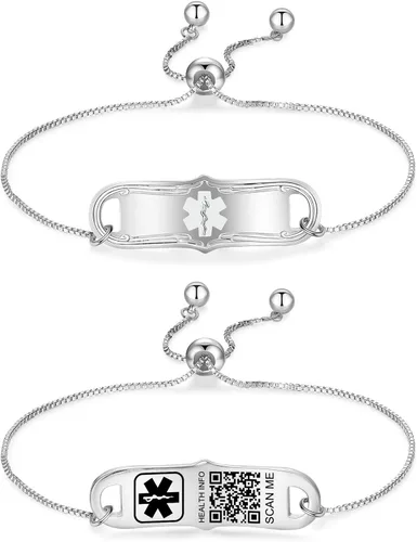 Vista 13 de Pulseras de identificación médica con código QR mejoradas para mujeres, pulsera de alerta médica - Cadena de eslabones de 7'' ~9'' de plata de ley