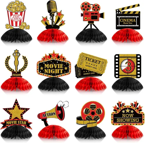 Pajean 12 piezas de decoración de fiesta nocturna de cine, centro de mesa de cine, panal, boleto 3D, palomitas de maíz, decoración de mesa para Rojo