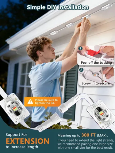 Vista 3 de Luces permanentes RGBIC para exteriores de 200 pies, 120 luces LED RGBIC de alero IP67 impermeables, control de aplicación, sincronización