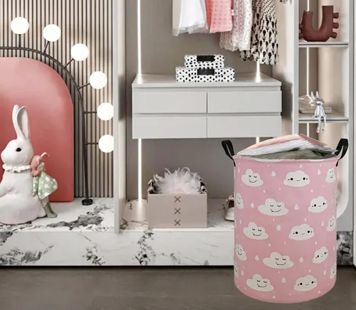 Vista 6 de Canasto grande de 19.7pulgadas para ropa, resistente al agua, redondo, de lino y algodón, plegable, con asas, para la habitación de los niños