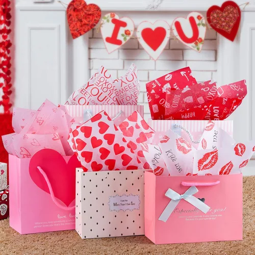 Vista 4 de CHRORINE 60 hojas de papel de seda de San Valentín, 6 diseños, papel de regalo para el día de San Valentín, decoración de manualidades de fiesta