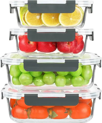 KOMUEE Paquete de 4 recipientes de vidrio de 52 onzas y 22 onzas con tapas herméticas, sin BPA, recipientes de preparación de comidas para hornear,