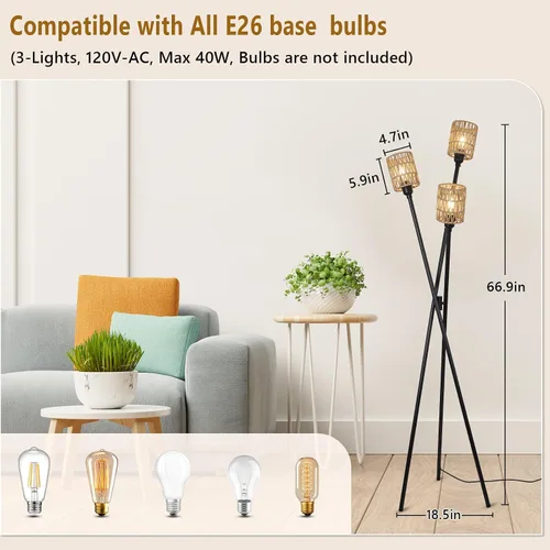 Vista 3 de Lámpara de pie de trípode de ratán, lámparas de pie estilo bohemio para sala de estar con interruptor de pie de encendido/apagado, lámpara de pie