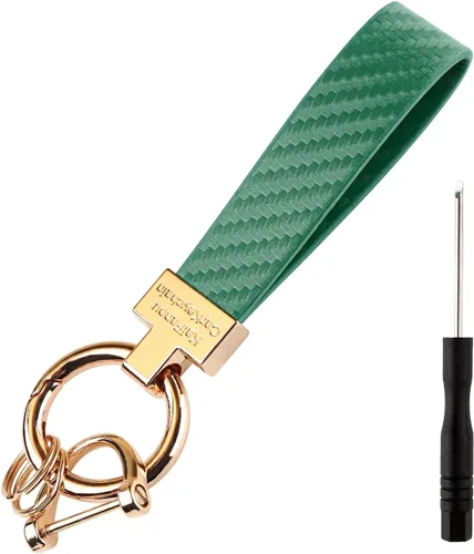 Turcee Llavero de cuero de lujo con anillo D antipérdida, fibra de carbono brillante personalidad llavero de coche para mujereshombresmochilas,