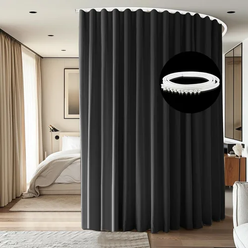 Vista 17 de Cortinas divisoras de habitación, juego de rieles para montaje en el techo, cortinas opacas extra anchas, pistas flexibles para dormitorio, Negro