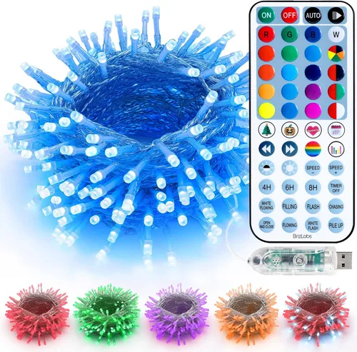 BrizLabs Guirnalda de luces RGB que cambian de color, luces patrióticas de color rojo, blanco y azul, 100 LED de 33 pies, USB, mini cadena de luces