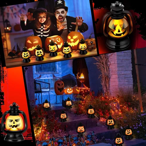 Vista 5 de ROCEEI 24 mini faroles de calabaza de Halloween de 3.54 pulgadas, centro de mesa Jack O Lantern, decoración colgante de Halloween, lámpara de luz a