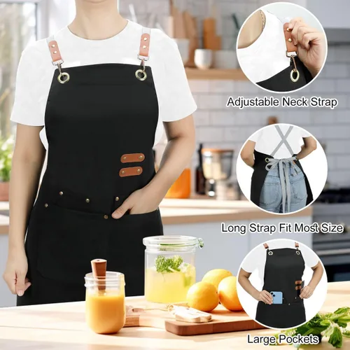 Vista 3 de Cross Back Apron for Women Men with Large Pockets Chef Apron for Cooking Canvas Waterproof Kitchen Aprons, M-XXL