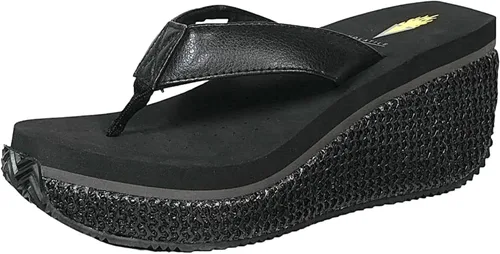 Vista 11 de Volatile Sandalias de cuña para mujer con plataforma de tanga sin cordones con plantilla de EVA y suela de goma Negro Raffia