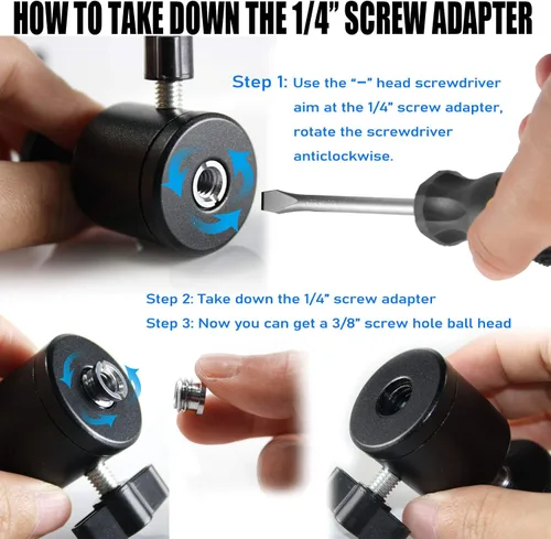Vista 2 de EXMAX Mini cabeza esférica de aleación de aluminio de 360 grados giratoria Mini trípode con adaptador de tornillo de 3/8 a 1/4 pulgadas para cámara