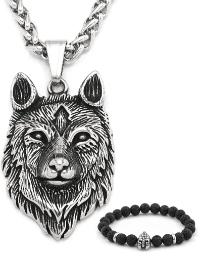 BAVIPOWER Viking Fenrir - Collar con dije de cabeza de acero inoxidable, potente joyería pagana para hombres y mujeres, protección de amuleto de