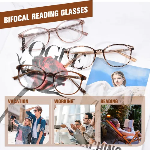 Vista 3 de Gafas de lectura bifocales para mujer, lentes TR90 redondos transparentes con bloqueo de luz azul para computadora con bisagra de resorte Café