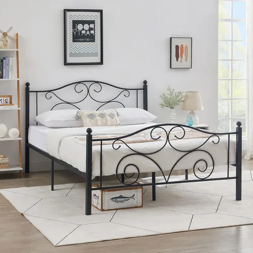 Vista 4 de VECELO Base de cama de metal de tamaño matrimonial con cabecero y estribo, base de colchón de hierro, no necesita somier, resistente y fácil